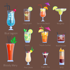 Set of alcoholic cocktails isolated fruit cold drinks tropical cosmopolitan freshness collection and party alcohol sweet tequila vector illustration.