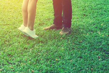 Happy Couple Man and Woman Feet in Love Romantic Outdoor