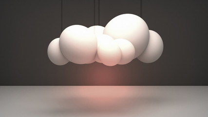 3d rendering picture of dark clouds hanging from the ceiling in an empty room. Glowing lights effect.