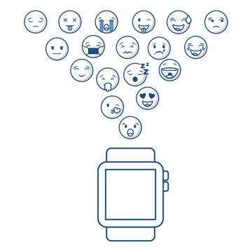 smartwatch with cartoon faces around over white background. vector illustration