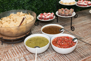 Chips with different salsa. Mexican Snacks