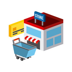 shopping cart and store building isometric icon over white background. colorful design. vector illustration