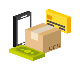 Obraz premium smartphone and carton box isometric icon over white background. colorful design. vector illustration
