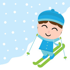 Cute boy is playing ski on snow vector carton for Xmas postcard, wallpaper, greeting card, vector illustration