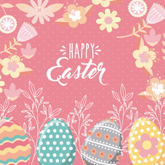 happy easter card with easter eggs over pink background. colorful desing. vector illustration