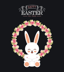 happy easter card with bunny icon over black background. colorful desing. vector illustration