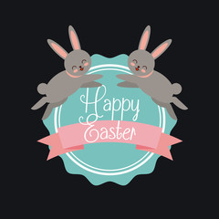 happy easter card with bunny icon over black background. colorful desing. vector illustration