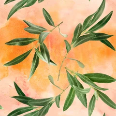 Crédence de cuisine en verre imprimé Olivier Seamless pattern, olive tree branches on sepia texture