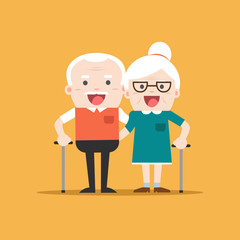 Retired elderly senior age couple in creative flat vector character design | Grandpa and grandma standing full length smiling