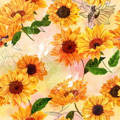 Obraz premium Seamless pattern with hand drawn watercolor sunflowers