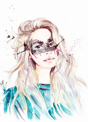 Watercolor sketch girl in mask - 144281726