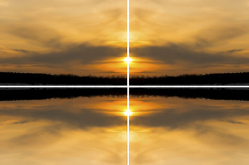 Mirror reflection of the sunset. A picture of 4 identical parts.