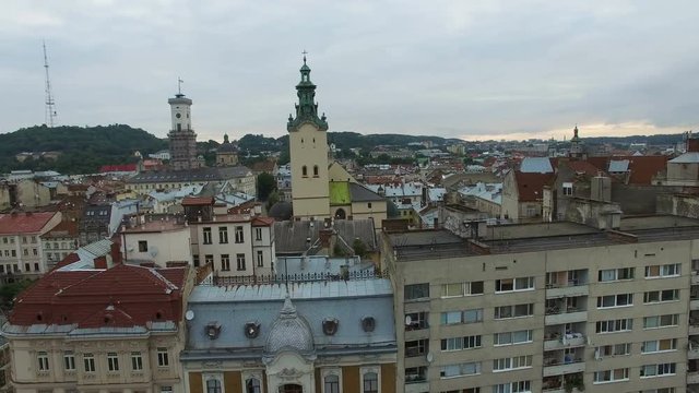 AERIAL flight over ancient church in Lviv.