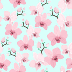 Pink purple tender orchid floral seamless pattern. Exotic spring summer flowers bloom blossom foliage garland bouquet. Isolated on blue background. Vector design illustration.