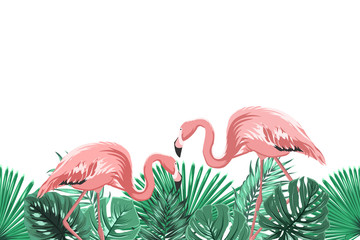 Tropical greenery rain forest leaves and exotic pink flamingo birds couple in natural habitat. Horizontal landscape footer border design element. Vector design illustration. © imaginarybo