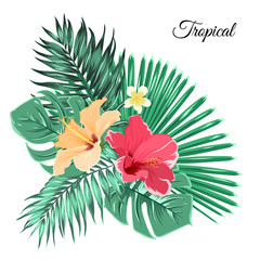 Bouquet of colorful exotic flowers and green tropical jungle leaves. Bright hibiscus plumeria bloom blossom composition arrangement. Isolated editable floral foliage element on white background. © imaginarybo