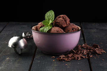 Chocolate coffee ice cream ball in a bowl