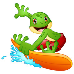 Naklejka premium Cartoon frog surfing 