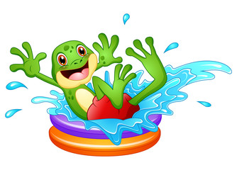 Fototapeta premium Funny frog cartoon sitting above inflatable pool with water splash