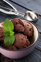 Chocolate coffee ice cream ball in a bowl