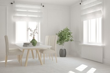 White dinner room. Scandinavian interior design. 3D illustration