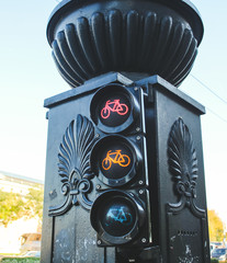 Traffic lights for cyclists in the Budapest. Black and creativity traffic lights