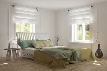 White bedroom with green landscape in window. Scandinavian interior design. 3D illustration