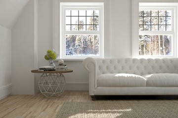 White room with sofa and winter landscape in window. Scandinavian interior design. 3D illustration