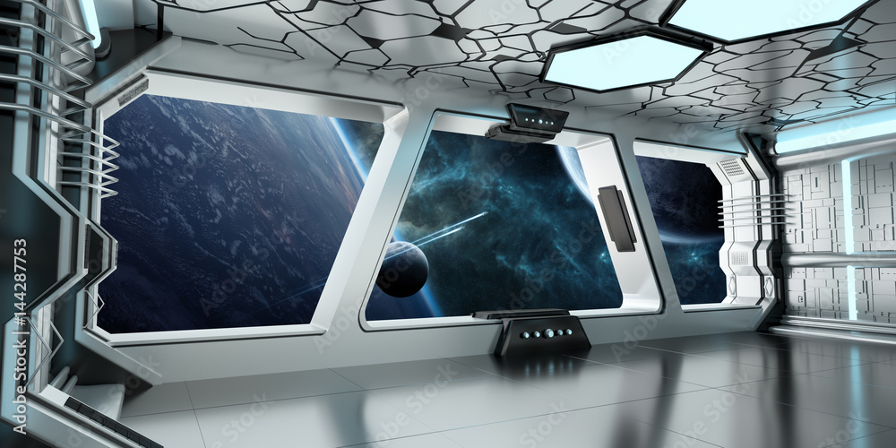 Canvas Prints spaceship interior with view on distant planets system 3d rendering elements of this image furnished