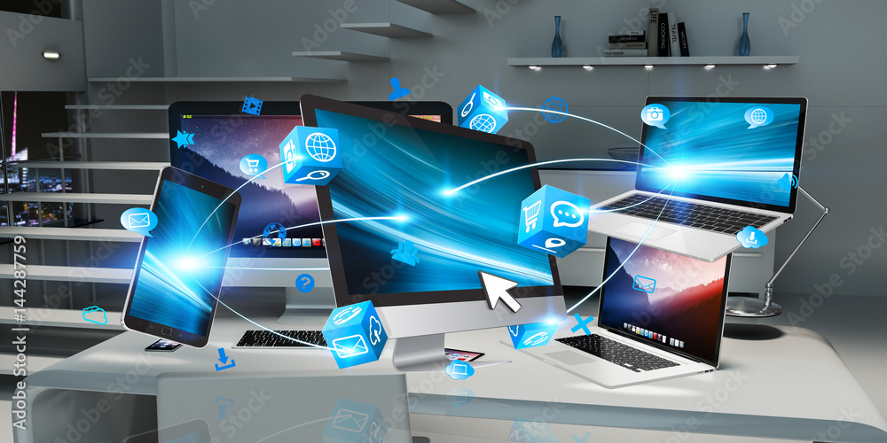 Poster modern devices on desktop interior 3d rendering