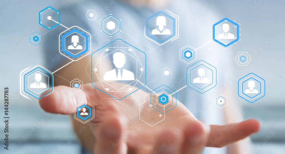 Poster businessman using digital social network 3d rendering