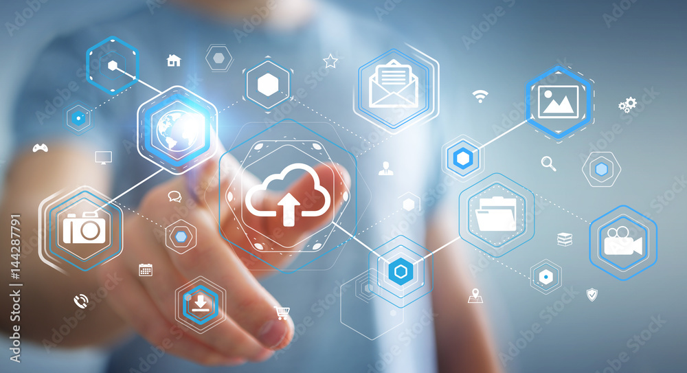 Aufkleber Businessman using digital cloud interface 3D rendering