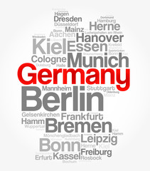 List of cities and towns in GERMANY, map word cloud collage, business and travel concept background