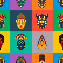 Seamless pattern of ethnic masks in flat style. EPS10 vector background of african tribal masks.