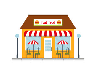 Fast food restaurant building icon. EPS10 vector illustration in flat style.