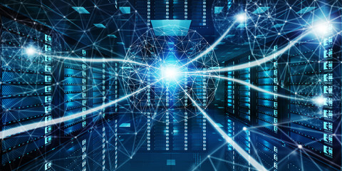 Abstract network on server room data center 3D rendering