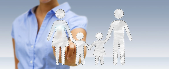 Businessman holding family interface in his hand 3D rendering