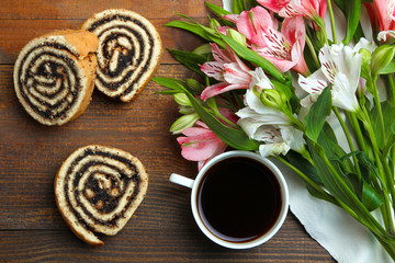 Bouquet of alstroemerias and breakfast