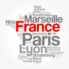 List of cities and towns in FRANCE, map word cloud collage, business and travel concept background