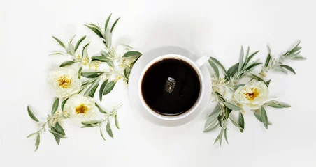 Zelfklevend Fotobehang Morning coffee and white wild roses © epitavi