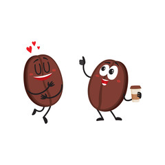 Two funny coffee bean characters, one showing love, another holding cup with thumb up, cartoon vector illustration isolated on white background. Two coffee bean characters, mascots, design elements
