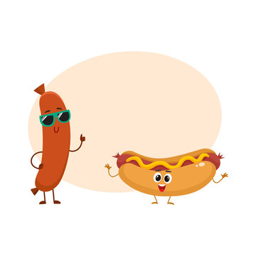 Funny smiling sausage and hotdog characters in sunglasses showing thumb up, fast food concept, cartoon vector illustration with space for text. Sausage and hotdog characters, mascots