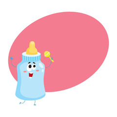 Cute and funny baby milk, feeding bottle character with human face holding rattle toy, cartoon vector illustration with space for text. Milk bottle character, mascot, child care concept