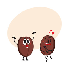 Two funny coffee bean characters, one showing love, another hands up from awe, delight, cartoon vector illustration with space for text. Two coffee bean characters, mascots, design elements