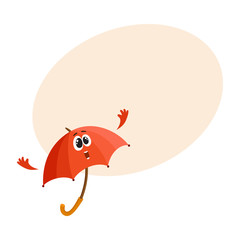 Cute and funny open red umbrella character with smiling human face giving thumb up, cartoon vector illustration with space for text. Open umbrella, parasol character, mascot, design element