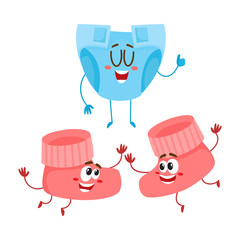 Funny baby booties and diaper, nappy characters, child care concept, cartoon vector illustration isolated on white background. Baby booties and diaper, nappy character, mascot, infant necessities