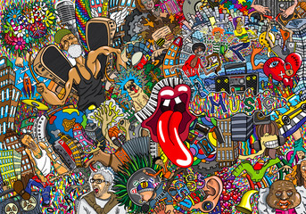 Music collage on a large brick wall, graffiti - obrazy, fototapety, plakaty