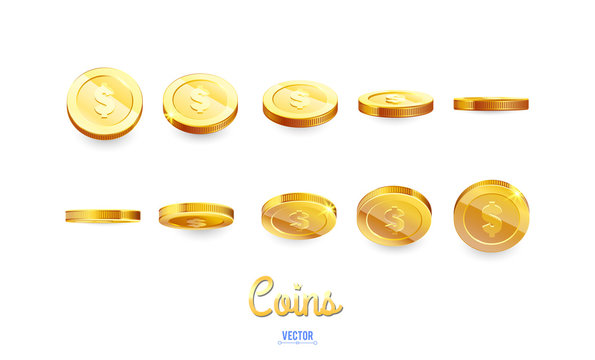 A set of gold coins. Realistic ten coins from different angles of view. Isolated on white. For your online casino design