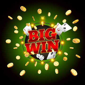 The word Big Win, surrounded by a luminous frame and attributes of gambling, on a explosion background. The new, best design of the luck banner, for gambling, casino, poker, slot, roulette or bone.