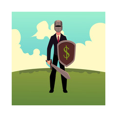 Businessman as a knight in metal helmet holding sword and shield, cartoon vector illustration isolated on white background. Modern knight in business stands on green grass under summer sky